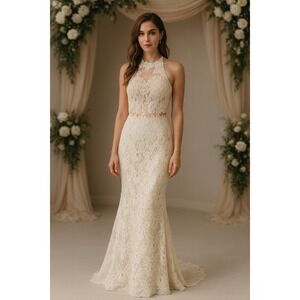 Lets‎ Formal Dress Womens M Ivory Lace Beaded Sheath Bridal Mermaid Gown